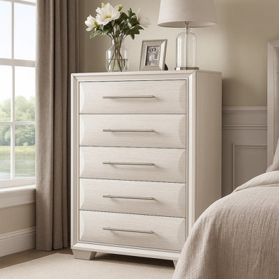 Nitz Tall Dresser Chest, 5 Drawers, White Solid Wood, Metal Handles
