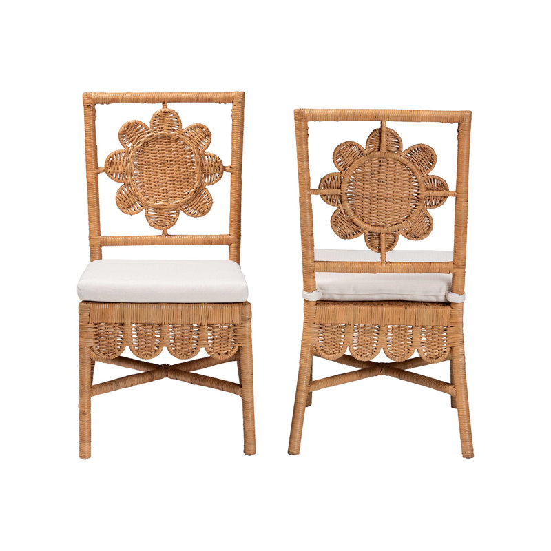 Bali & Pari Abagale Natural Rattan 2-Piece Dining Chair Set - Handwoven Wicker Accent Side Chair With Floral Back And Removable Cushion, Artisanal Seating For Kitchen Or Dining Room