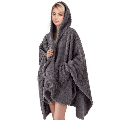 Fleece Hooded Blanket with Hood, Fluffy Fluffy Shawl with Pockets