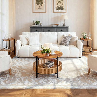 3-Piece Coffee Table Set For Living Room, Boho Living Room Table Set With Rattan Storage Shelf And Metal Frame, 2-Tier Round Coffee Table & 2 End Side
