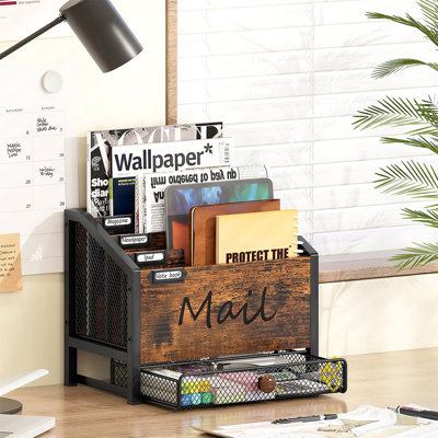 Rivosar Letter Holder with Drawer 4 Slots Adjustable Desk Magazine Literature Rack for Home Office