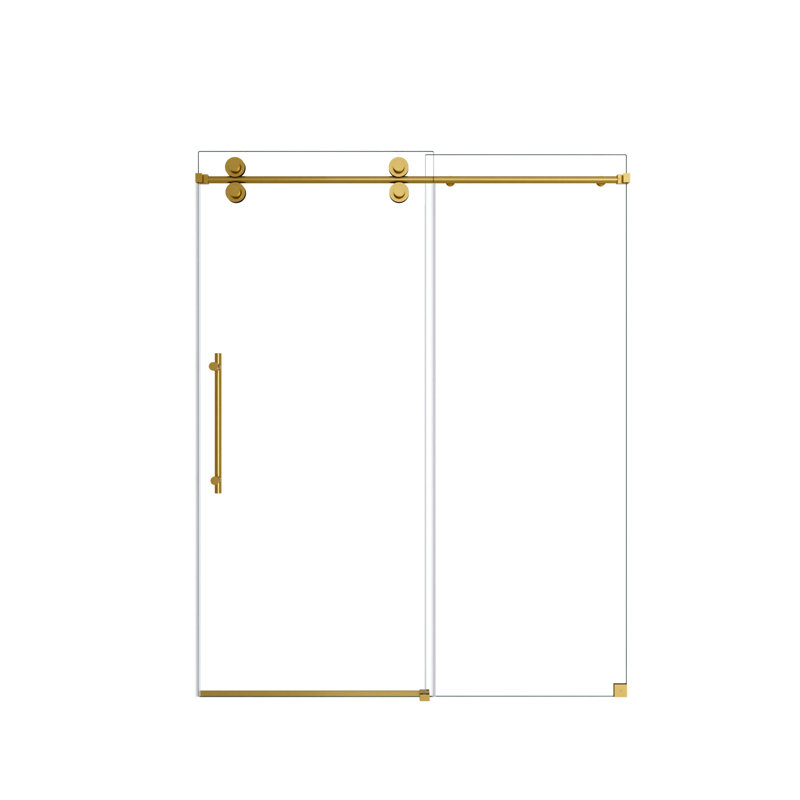 Porte de douche coulissante simple sans cadre Marlowe avec verre trempé et roulettes en acier inoxydable, Or brossé