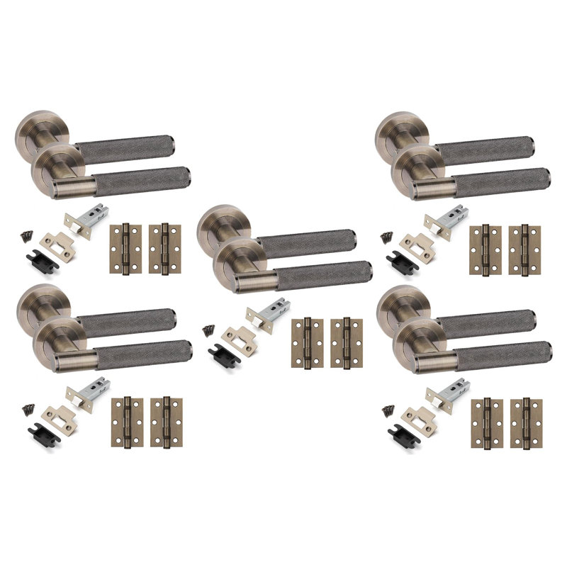  5 Sets Straight T-Bar Knurled Door Handles in Antique Brass Finish with Tubular Latch and 1 Pair of 3" Ball Bearing Hinges