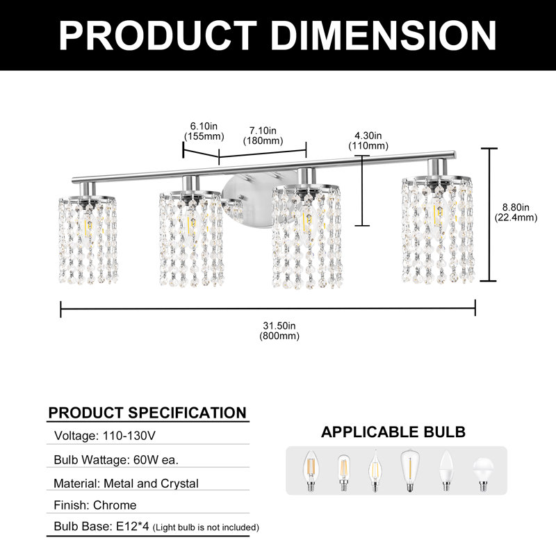 Ayushma Crystal Cylinder Dimmable Bathroom Vanity Lights, Chrome, 4