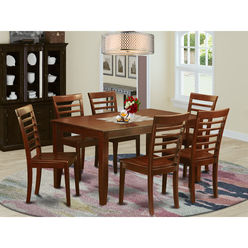 7 Piece Modern Dining Table Set consists of a rectangular wooden table and 6 Dining Chairs, Mahogany, No