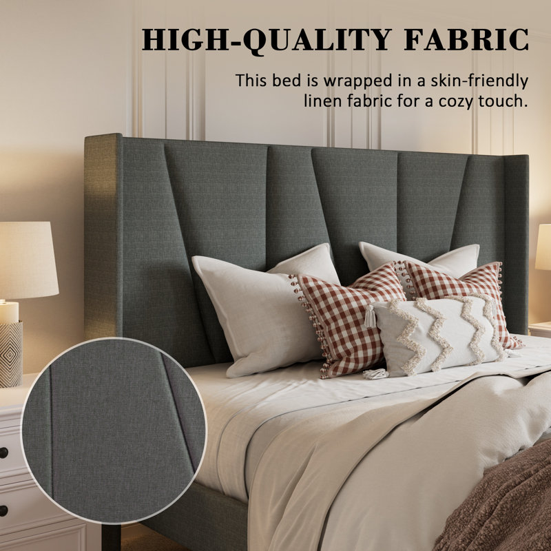 Canuto Upholstered Platform Bed with Wingback Headboard, King, Dark Gray