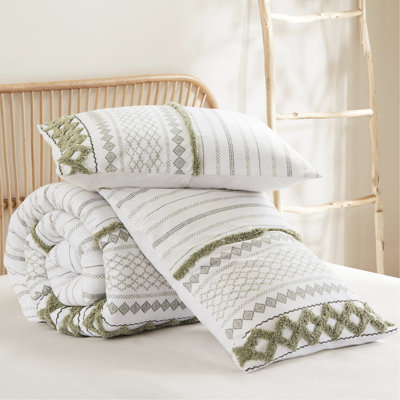 Édredon pour lit double / grand 3 pièces avec chenille de coton, design global, look sophistiqué et imprimé lavable à la machine, rembourrage, -