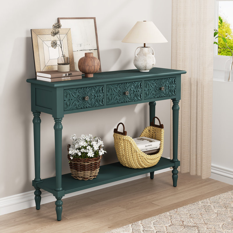 42"Carved 3-Drawer Console Table With Storage Shelf, Green