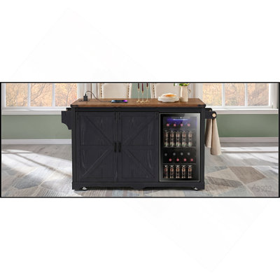 Îlot de cuisine K&K style ferme 183 cm avec compartiment réfrigérateur et prise électrique, meuble-bar à café mobile sur roulettes avec 4 tiroirs, porte coulissante de style grange, porte-verres, abattant, table de cuisine îlot, blanc