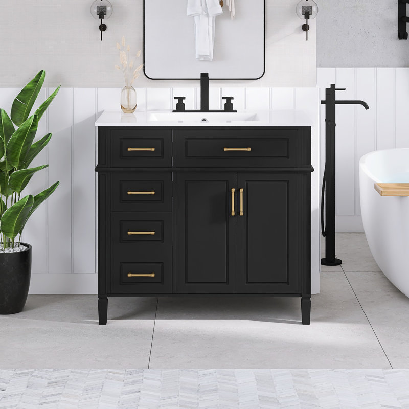 36'' Freestanding Single Sink Bathroom Vanity With Ceramic Top, Black