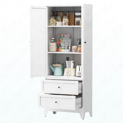 Armoire garde-manger blanche 72 po avec 2 tiroirs, armoire de rangement autoportante avec tablettes réglables, organisateur robuste pour épices, vaisselle, petits électroménagers de cuisine, garde-manger, salle à manger