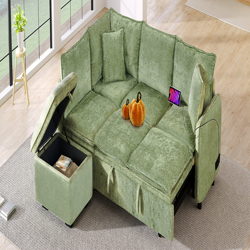 Canapé-lit, canapé-lit modulaire de base de 82,67 po, canapé en L avec repose-pieds, deux coussins décoratifs, deux prises de courant et deux ports USB