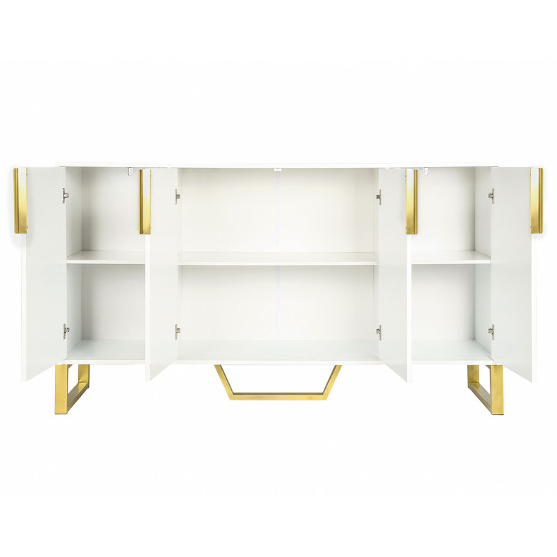 Buffet moderne avec quatre portes, poignées et pieds en métal et armoire de cuisine à tablettes réglables, Blanc