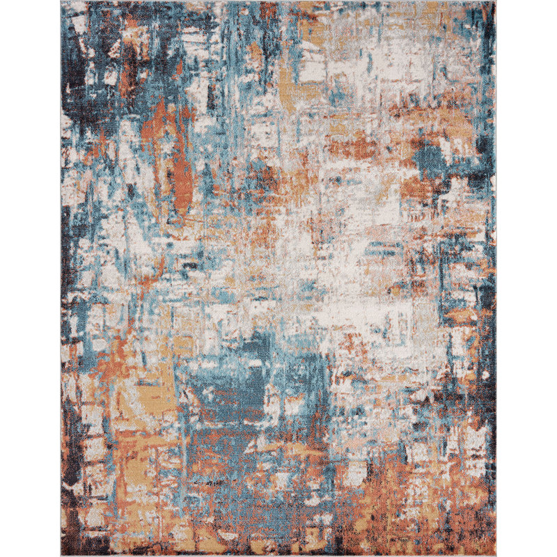 Tapis bleu / rouille / crème Leffingwell, Rectangle 5 pi 3 po x 7 pi 3 po