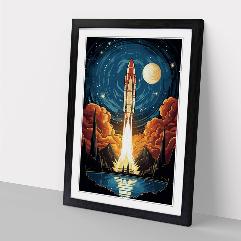 Rocket Nouveau - Single Picture Frame Print on Wood, 64cm H x 46cm W x 2cm D, Black Framed