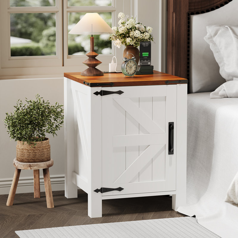 Farmhouse Nightstand set of 2 with USB Charging Station, Rustic Bedside Table with Sliding Barn Door & Adjustable Shelf, 18 Inch Two-Tier End Table for Bedroom Living Room