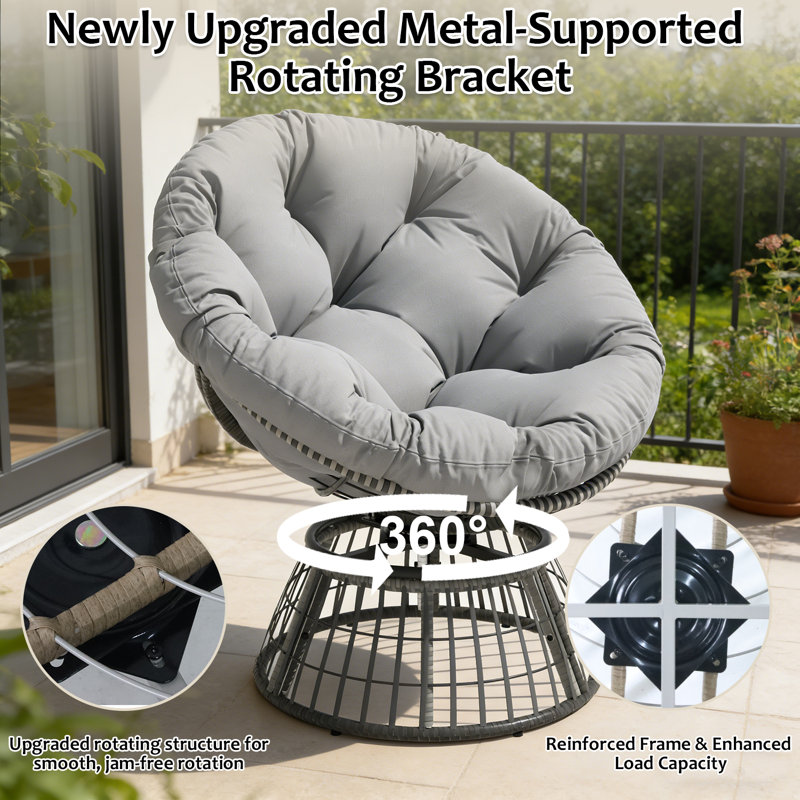 Swivel Papasan Chair with Thick Cushion, Wicker Frame Papasan Chair, Oversized Comfy Round Chair (Gray-Gray), Gray