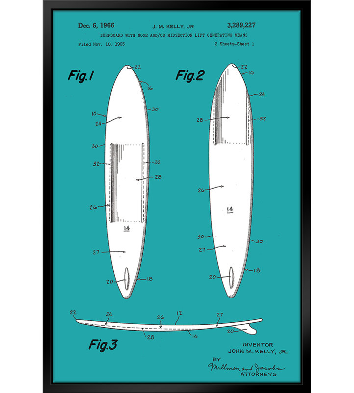 Planche de surf brevetée bleue - cadre flottant, impression sur toile, L 16 po x H 20 po