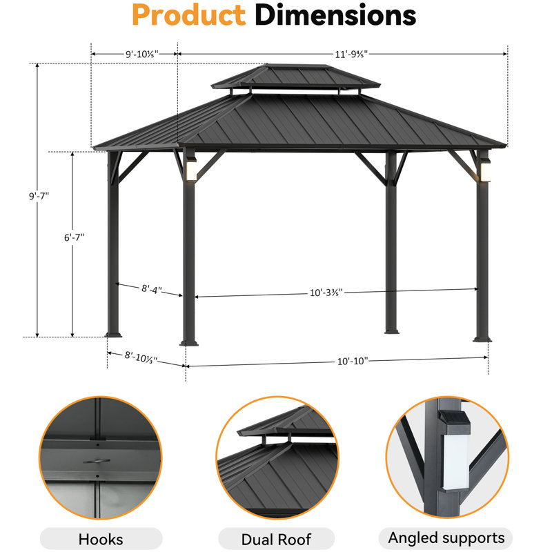 Horizon 10' x 12' Hard Top Gazebo With Solar Self Powered LED Lights, Mosquito Netting and Canopy Hook, Black