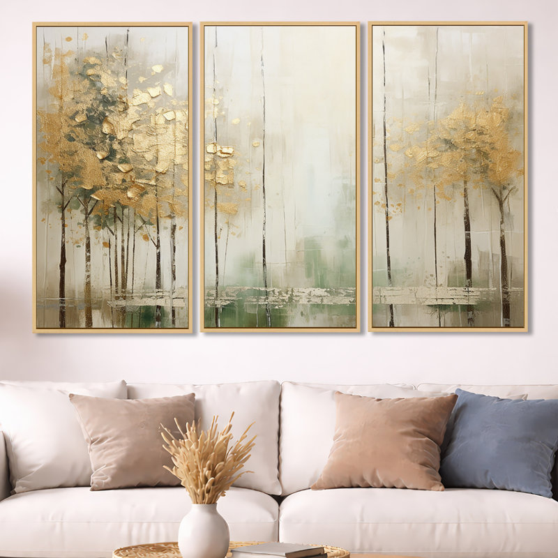 «Minimalisme beige et or forêt II», ensemble de reproduction d'art mural forêt, H 40 po x l 60 po x P 1 po