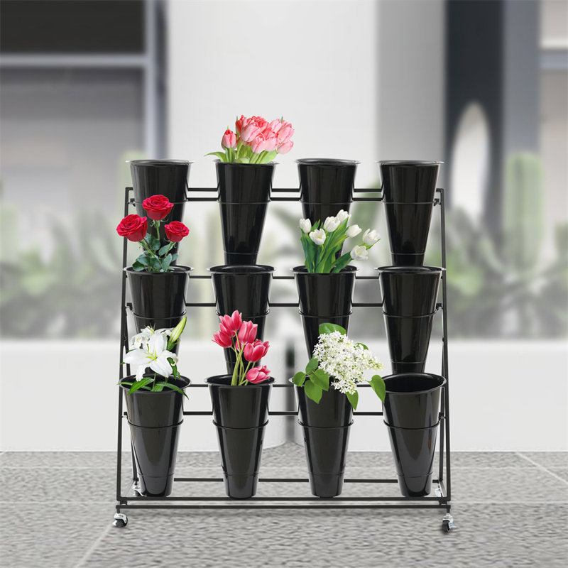 Mushkan Flower Display Stand With 12PCS Buckets, 3 Layers Metal with Wheels