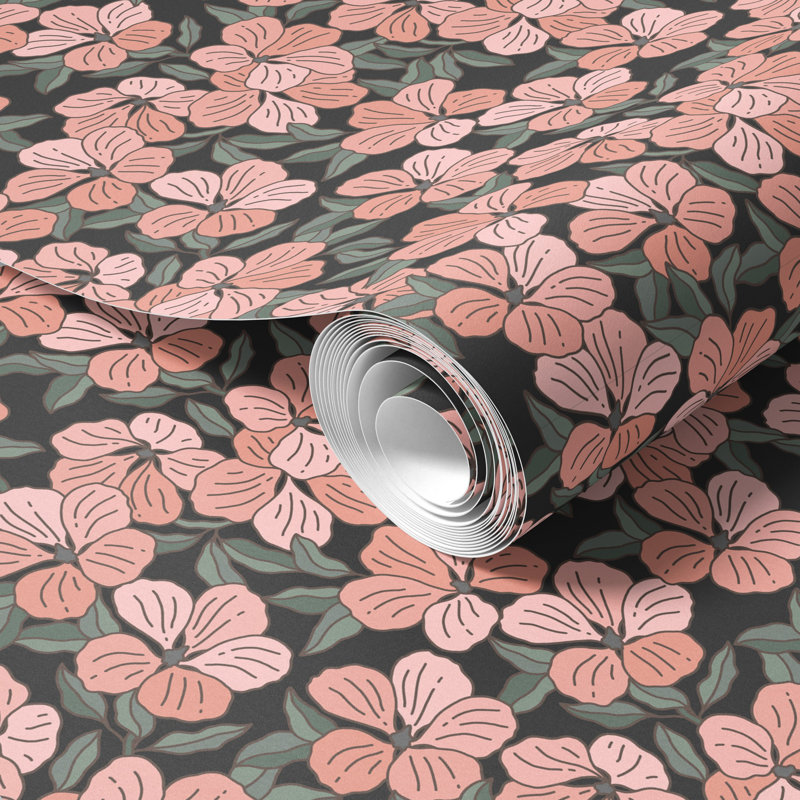 Papier peint rose floral, H 125 po x l 25 po, papier pré-collé, H 125 po, Papier pré-collé