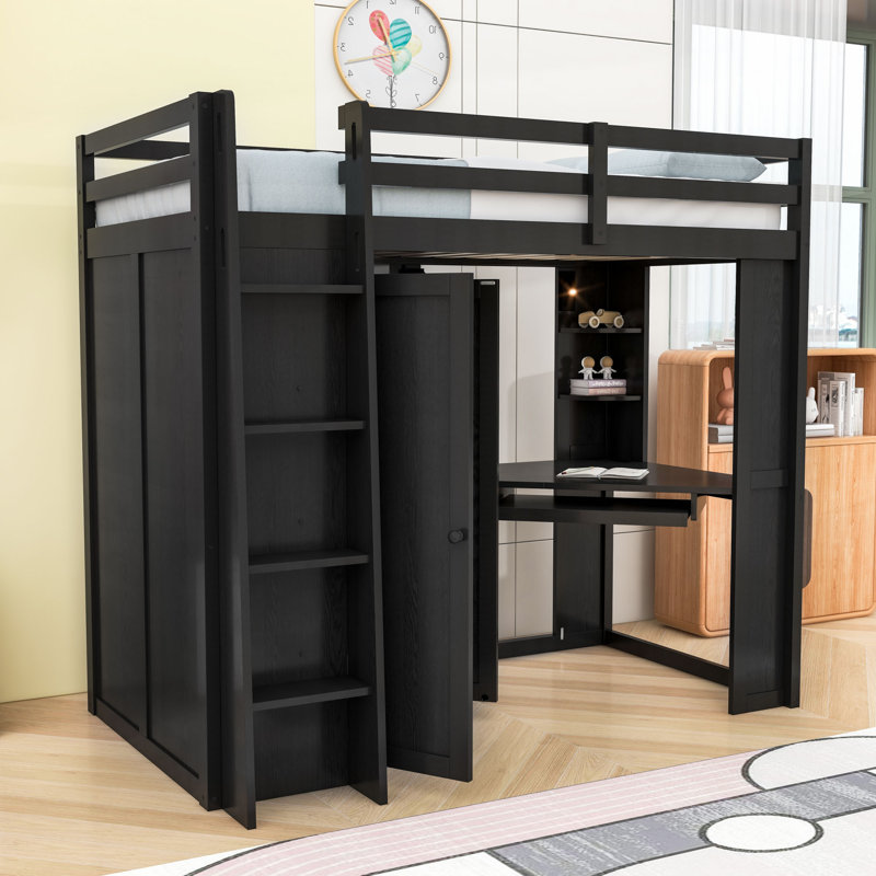 Lit mezzanine simple en bois avec garde-robe, bureau et station de charge, Noir
