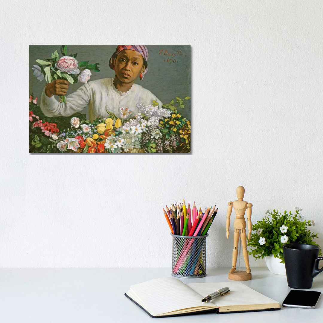 Young Woman With Peonies, 1870 by Jean Frederic Bazille - Wrapped Canvas Print