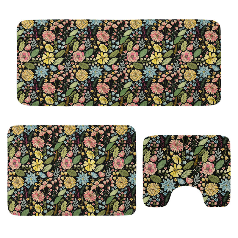  Ensemble de tapis de salle de bain Botanical 3 pièces en U et tapis rectangulaires gris anthracite et multicolore