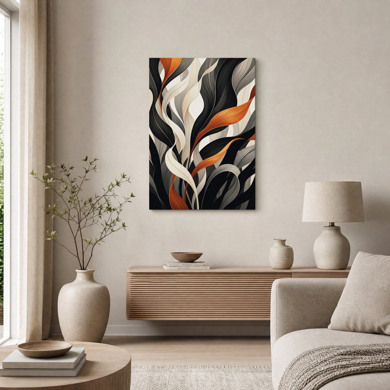 Tableau abstrait de feuilles ondulantes en noir et rouille sur toile, H 18 po x l 12 po