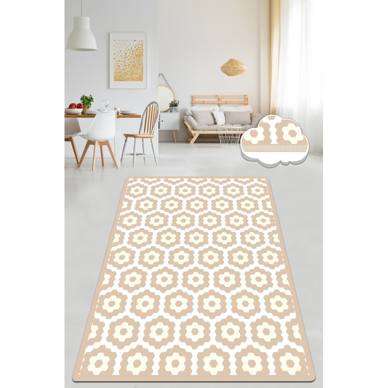 Premium Hall Carpet (4 x 5 ft), Beige & White, 100% Polyester | Pile Height: 0.2 in, Total Thickness: 0.4 in | Antibacterial, Non-Slip Underside, Machine Washable | Perfect for Living Room & Entryway Decor