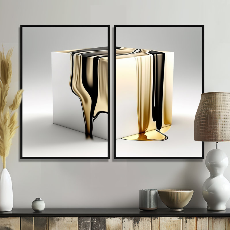«Black and Gold Cubic Expression I», art mural doré 2 pièces, Black, 36" H x 48" W, Impression encadrée flottante