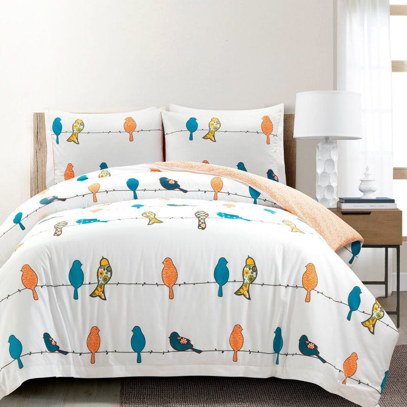 King Size Multicolor Cotton Reversible Bird Duvet Cover Set