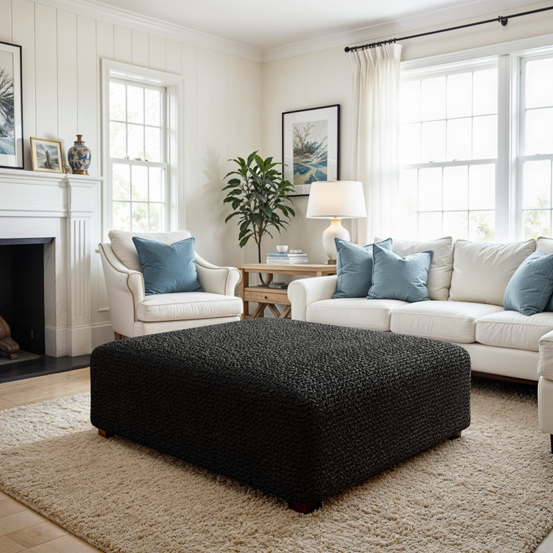 Stretchy Slipcover for Ottoman - Easy to Clean & Durable - Comfort Collection, Large, Black