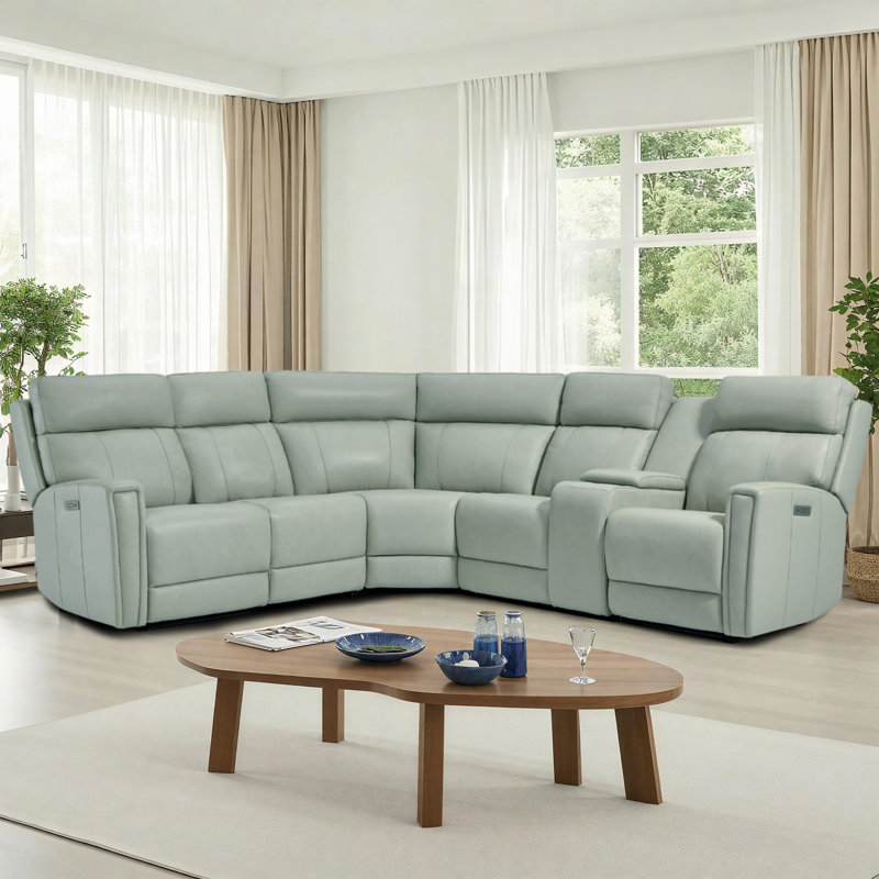 116" Leather Reclining Sectional, 2 Power Recliners, Zero-Gravity & Power Headrest, Green Genuine Leather, Power - Dial