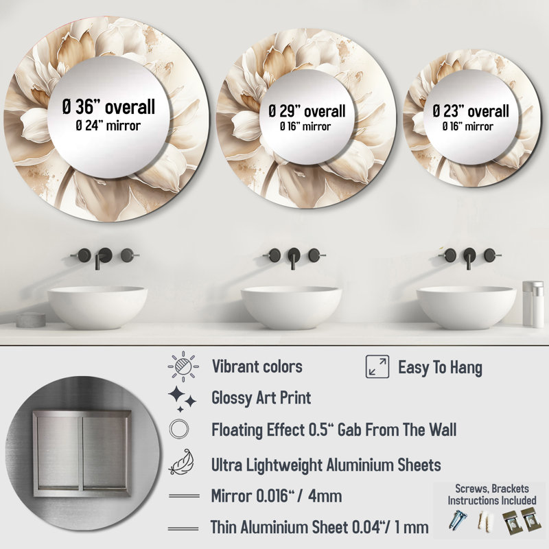 Shawntasia simple fleur beige III - miroir mural floral, miroir rond rond beige, impression d'art en métal, 23 po x 23 po