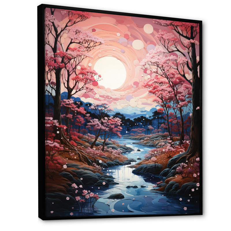 Dryades Japon Art Cherry Blossom River II, H 32 po x l 16 po x P 1 po, Cadre flottant noir