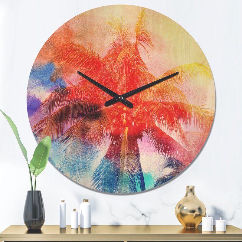 Horloge murale rétro en bois rouge avec palmiers rétro, Grand