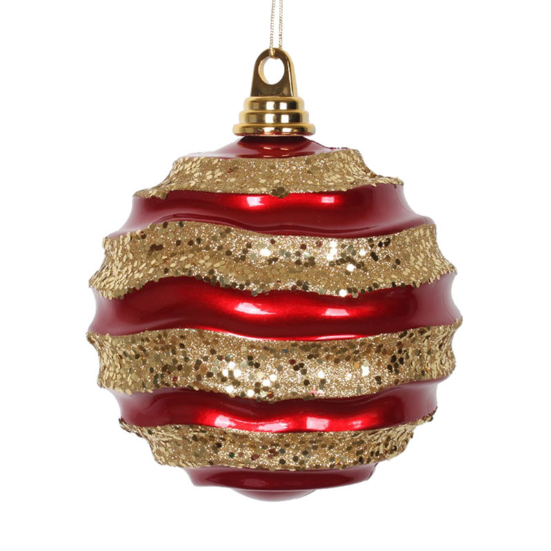 Ornement de Noël boule rayée et scintillante, H 8 po x l 8 po x P 8 po, Rouge / doré