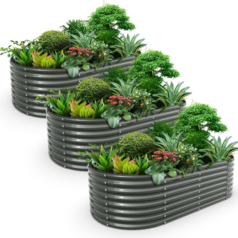 Boîte de 3 pots de fleurs surélevés ovales en métal gris, Gris, 3