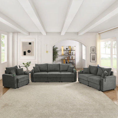 Ensemble de canapés modernes 6 places avec rangement, canapé à siège profond avec porte-gobelets et ports de charge pour téléphone, canapé en velours côtelé pour le salon, gris