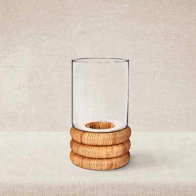 Glass Hurricane Vase With Woven Rattan Base