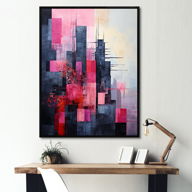 «Fuchsia Facades Skyscraper Horizon II», reproduction sur toile, Cadre flottant noir, H 32 po x l 24 po