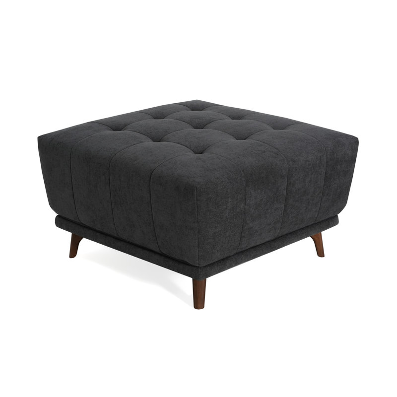 Repose-pieds carré Mid-Century moderne en chenille gris anthracite avec pieds en bois massif