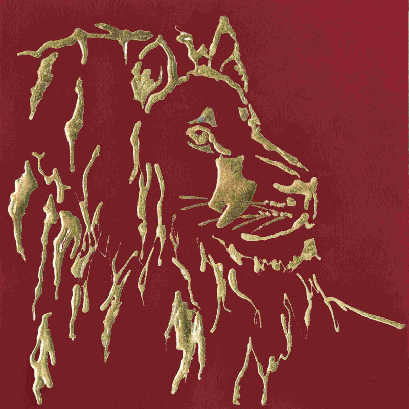 Lion doré indigo, H 12 po x l 12 po, Rouge