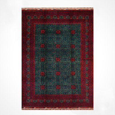 Original Hand Knotted Traditional Pattern Green Wool and Cotton Rug