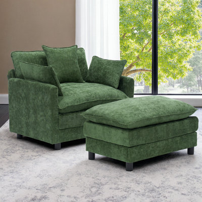 39.4" Modern Accent Chair with Ottoman – Chenille Upholstered Club Armchair, Reading Chair with Pillow Top Arms for Living Room or Bedroom
