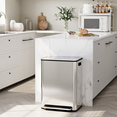 60L Kitchen Trash Can, 2×8 gal Stainless Steel Pedal Bin with Removable Baskets, Double , Slivery