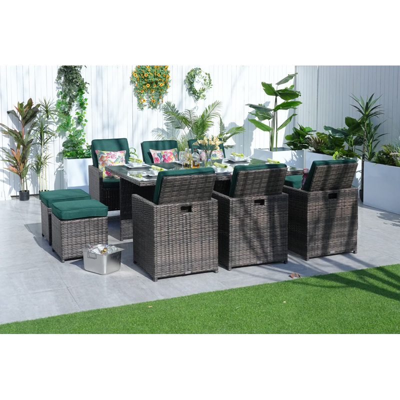 10 - Person Wicker Patio Dining Set with Rectangular Table , Cushions Included, Brown, Atrovirens