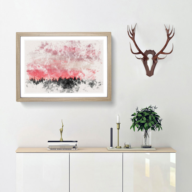 Pink Sunset Above A Forest - Single Picture Frame Print on MDF, Oak Framed, 62cm H x 87cm W x 2cm D